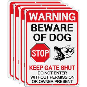 T&R Large Beware of Dog Signs - 4 Pack - 14 x 10 Inches Rust Free .040 Aluminum Reflective for Fence - Do Not Enter Sign for Garden and Yard, Wall Decor - 6 Pre-drilled Holes