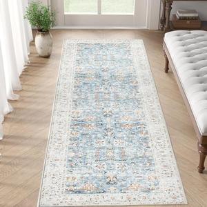 jinchan Runner Rug 2x6 - Hallway Rug Kitchen Washable Runner Vintage Floral Boho Lightweight Thin Non-Slip Retro Distressed Carpet for Entryway Bathroom Bedroom Laundry Room Light Blue