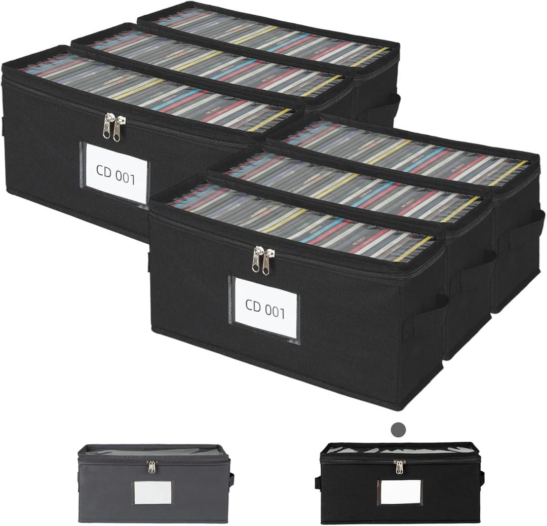 6 Pack Fabric CD Storage Box with Clear PVC Lid, Holds 35 Standard CD Cases, Zipper Closure for Dust Protection, Portable CD Organizer for Music Collection, Black