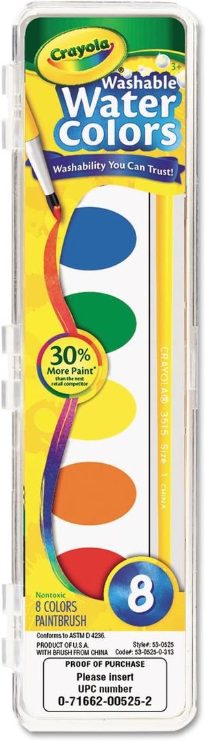 Crayola Washable Watercolor Set, 8-Color Oval Pans, 1 Set