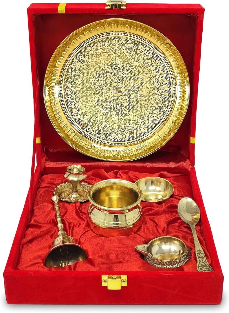 NOBILITY Brass Pooja Thali Set with Red Gift Box 6 Inch Pital Plate Kalash Spoon Chandan Wati Dhup Dan Kuber Diya Ghanti Puja Arti Thali for Diwali Home Office Mandir Wedding Return Gifts