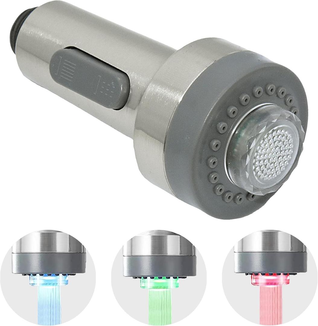 Kitchen Faucet Pull Down Spray Head with LED Lights 3-Function Sink Spray Nozzle Fit for Kitchen Sink Faucet Pull-Down Spring Single Handle Stainless Steel faucets (Brushed nickel) (Brushed Nickel)