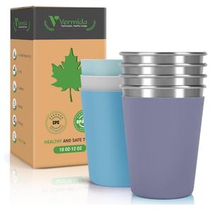 Stainless Steel Cups for Kids and Toddlers, 12oz Stackable Stainless Steel Kids Cups with Silicone Sleeves Sweat Proof, Unbreakable Metal Cups for Home & Outdoor, BPA Free (4 Pack)