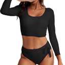 Womens Two Piece Swimsuits High Waisted Bikini Set Rash Guard Bathing Suit Long Sleeve Swimwear Crop Top Teen Girls (Medium)