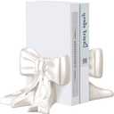 Leinuosen 2 Pcs White Bow Bookends Ceramic Cute Book Ends Decorative Book Stand Bow Sculpture Statues Tabletop Shelf Ornament Room Decor for Home Office School Dorm Girl Desk