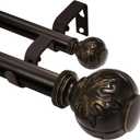 Heavy Duty Adjustable Double Curtain Rod for Windows 28 to 48 Inches 1 Inch Diameter Decorative Rods with Maple leaf Finials & Sturdy Brackets for Living Room, Bedroom Easy to Install, Bronze