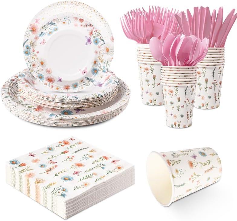168Pcs Wildflower Party Supplies for 24 Guests Spring Floral Baby Shower Birthday Decorations Disposable Paper Plates and Napkins Knives Spoons Forks Cups for Baby Bridal Shower Birthday Party