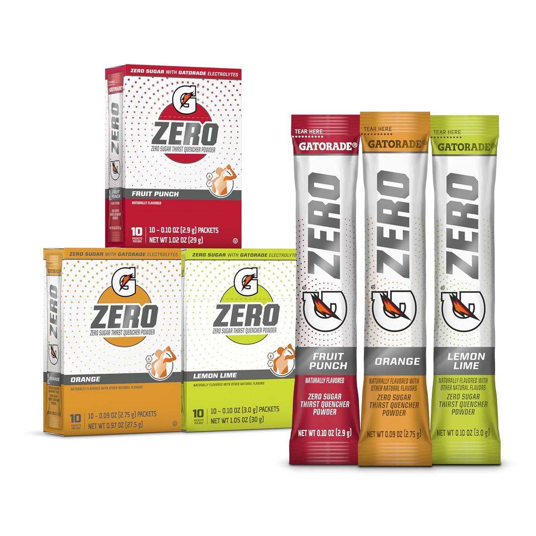 Gatorade G Zero Sports Drink Mix Powder Packets, 3 Flavor Classic Variety Pack, Electrolyte Powder Drink Mix for Hydration, Zero Sugar, Total 30 Packets, BB 06/03/2026