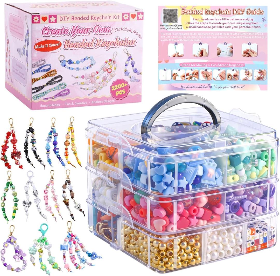 TOHONGADON 2200+ PCS Bag Charm Kits, Assorted 8 Colors Beaded Keychain Making Kit for Women, Bead Keychain Kit, Keychain Jewelry Making Kits with Beads, Crafts Gift for Party Christmas Festival