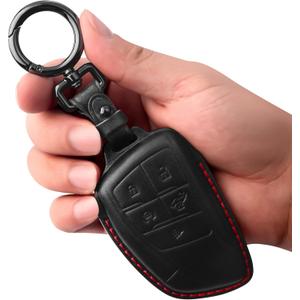 Tukellen Genuine Leather Key Fob Cover Smart Key Holder Sleeve Fit for 2021-2026 Chevy Chevrolet Colorado Equinox Silverado GMC Canyon Sierra Terrain Yukon Denali Suburban Tahoe Buick-Black(Red line) (5 Buttons)
