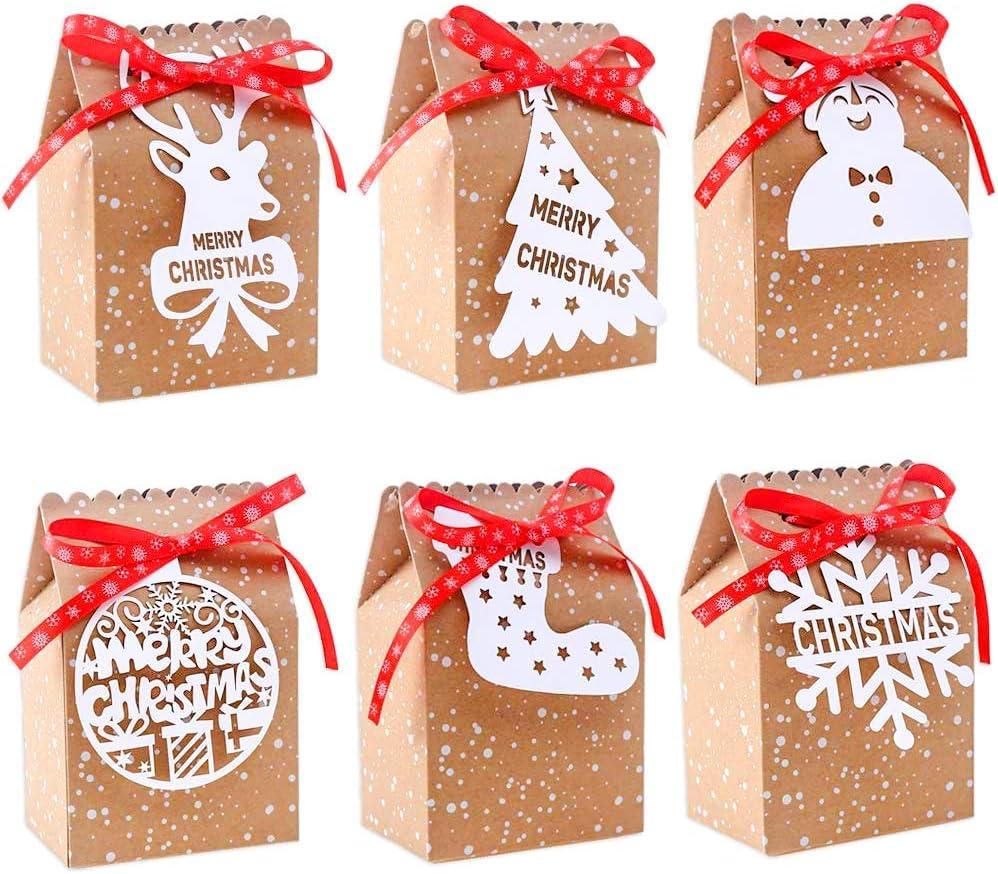 CCINEE 24PCS Bulk Christmas Goodies Bags,Kraft Holiday Gift Bags Christmas Gift Bags with Tags Snowflake Ribbons for Xmas Party Supplies (Multicolor)