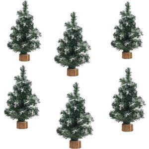 6 Pack Tabletop Mini Christmas Tree, 7.87" Artificial Snow Miniature Pine Green, White Christmas Tree with Wooden Base Christmas Decorations, Home, Kitchen, Dining Table