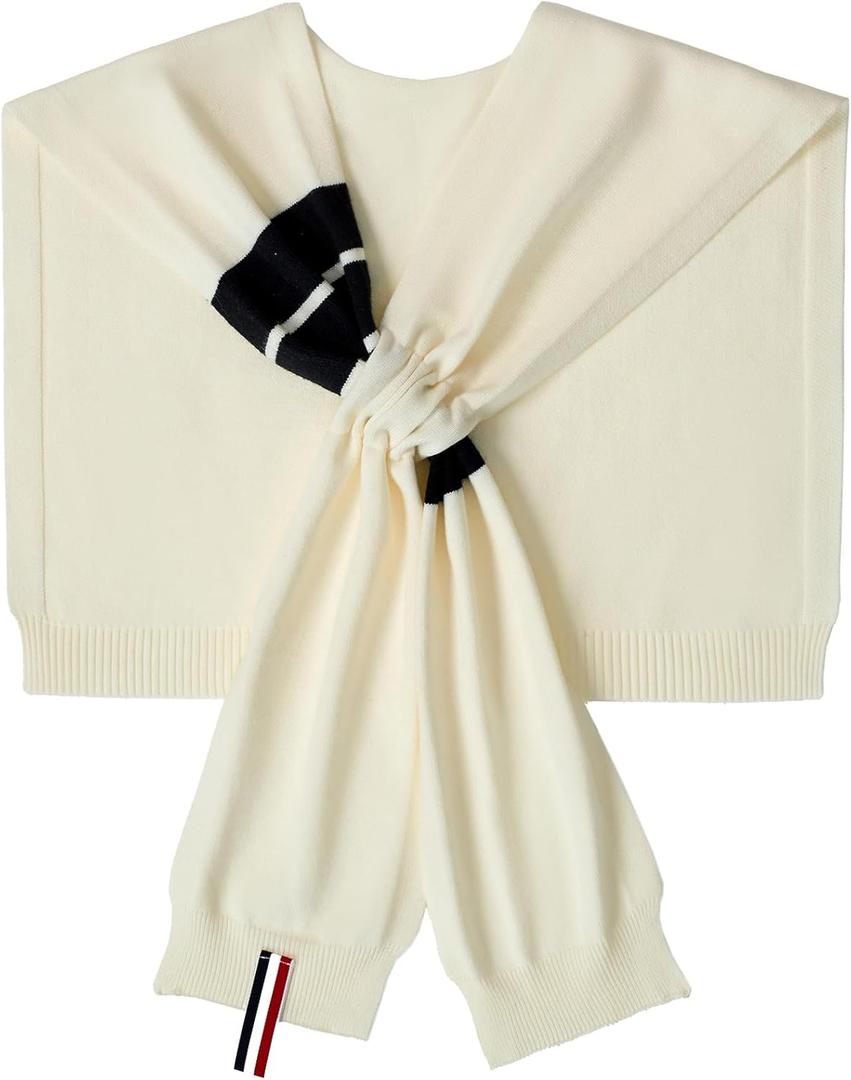 WaJuemy Women's Sweater Shawl Wraps Sleeves Knitted Collar Sweater Scarf Top Casual Lightweight Shoulder Cape Accessories (10 Beige Stripe X)