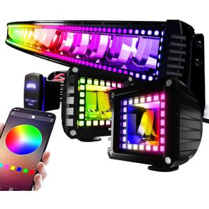52" Curved RGB LED Light Bar 2X 4" Flood LED Pods with Chasing RGB Halo 16 Solid Colors Offroad Driving Fog Lights with Switch Wiring Harness
