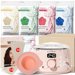 KOTAMU Waxing Kit for Women & Men, Wax Warmer for Hair Removal, Digital Wax Kit with Silicone PotIdeal for Face Eyebrow Arm Legs Armpit &Sensitive Skin, Waxing Machine for Home Salon Use- Cherry (3.5 Ounce (Pack of 4))