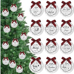 Soaoo 48 Pcs Christmas Bible Verses Ornaments Christmas Wooden Hanging Sign with Buffalo Plaid Bow and Ropes for Xmas Tree Religious Christian Gifts Church Supplies Home Decor (White)
