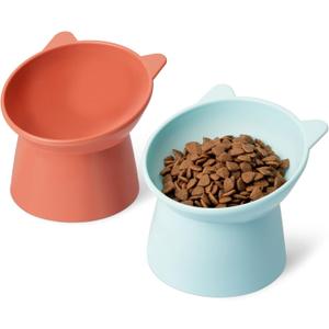 Amazon Basics Raised Cat Feeding Bowls, Cat Ear Shape, Tilted Design, Whisker-Stress Free, 5.2 x 5.2 x 4.5 in, Orange and Blue, 2-Pack