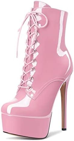 Aachcol Women Ankle Boots Short Bootie Platform Stiletto High Heel Round Toe Dress Shoes Lace-up Patent 6.5 Inch Size 9