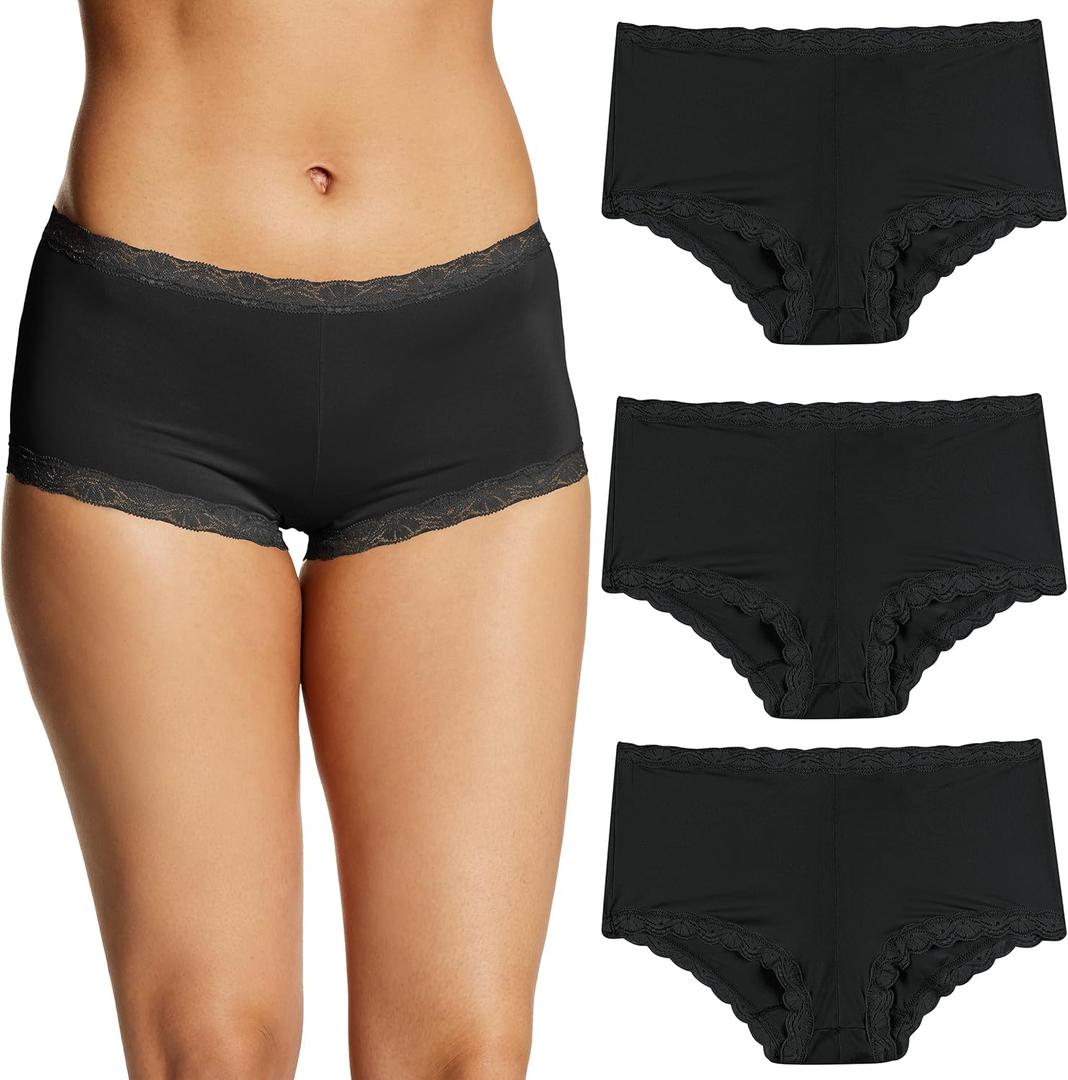 Maidenform Women's Underwear, Microfiber with Lace Boyshort Panties, One Fab Fit, 3-Pack (Black/Black/Black, Small)