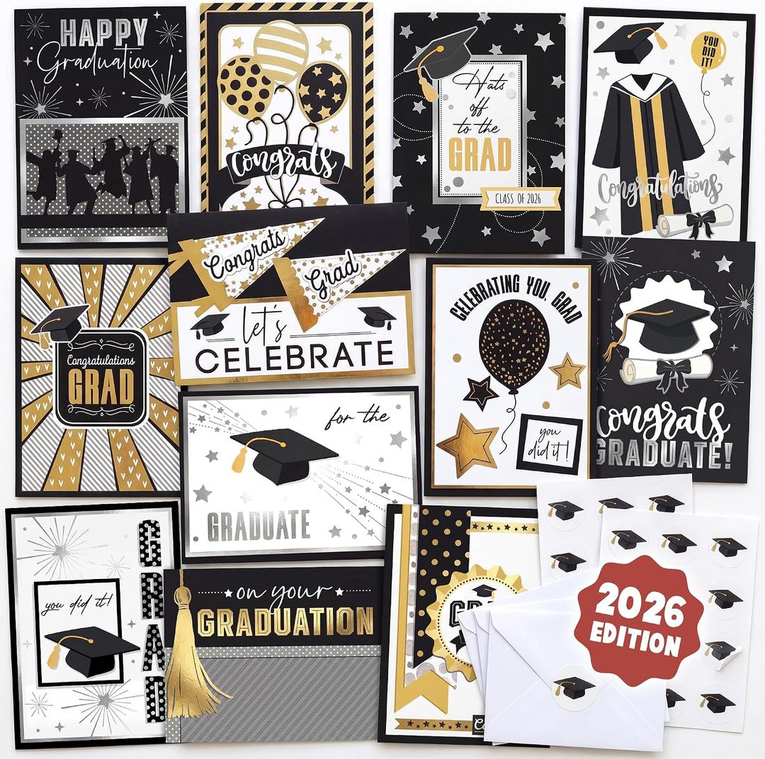 AUDREE Gold Foil Graduation Cards 2026 (5x7) - 12 Pack Grad Design with Envelopes & Stickers Bulk Assortment for College & High School, Congrats Grad Gifts Decorations for Him Her (Printed Messages)