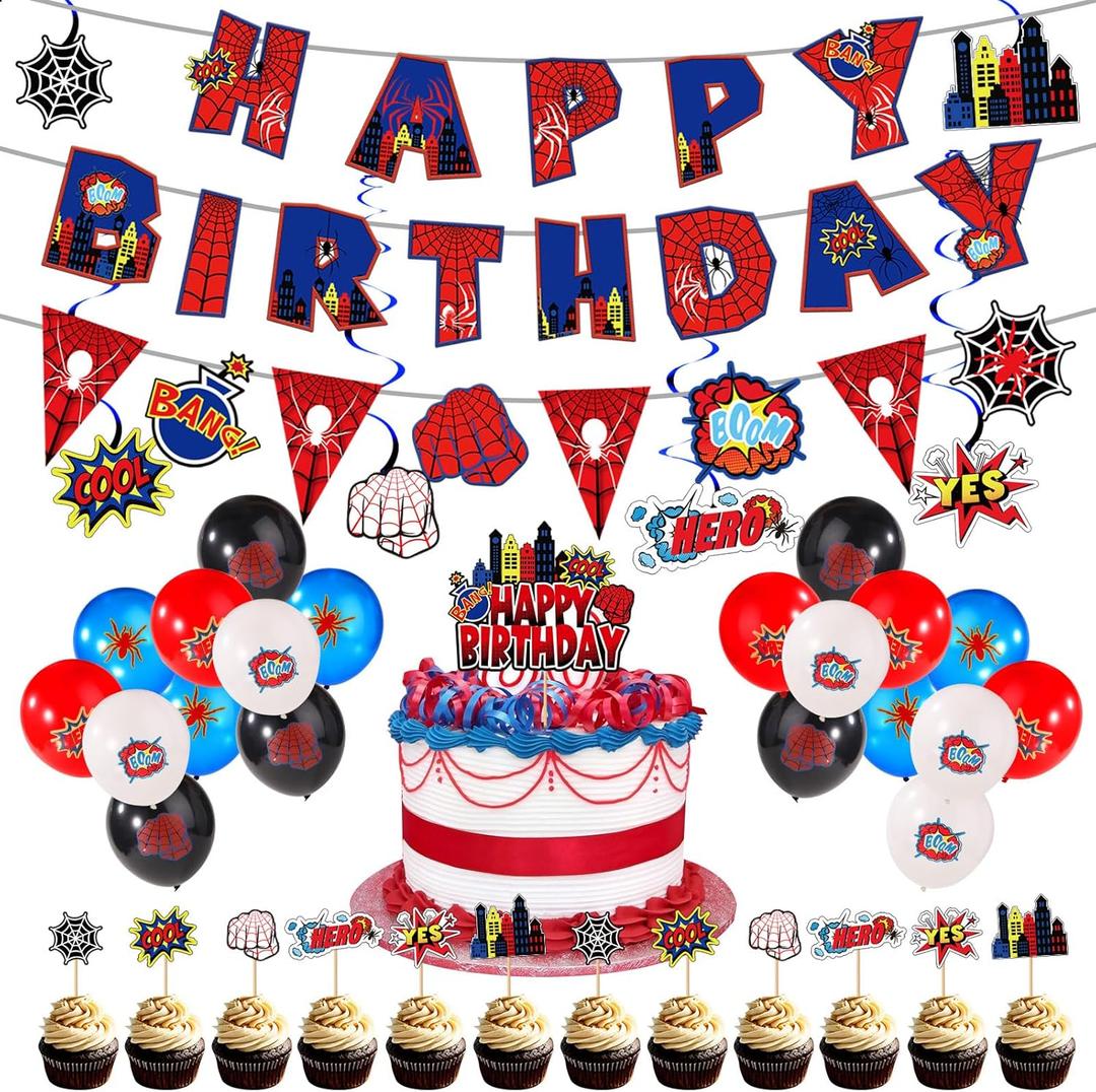 Spider Birthday Party Decorations, Spider Decor Supplies Include Happy Birthday Banner, Latex Balloon, Hanging Swirl Spiral, Cake Toppers, Pennant Flag Set for Kids Hero Theme Backdrop Decoration