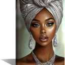 XLMDYYSW African American Wall Art Black Woman Portrait Canvas Print Girl Wearing Silver Headdress Picture Elegant Female Painting for Bedroom Home Framed (Silver, 16.00" x 24.00")
