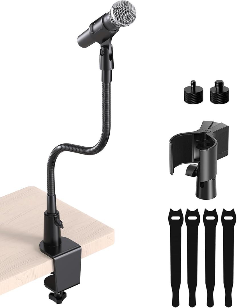 Gooseneck Mic Stand with Clamp, 19-Inch Flexible Desktop Microphone Arm Holder with 3/8" & 1/4" Screw Adapters, 360 Adjustable, Ideal for Podium, Pulpit, Lecture, Conference and Live Streaming
