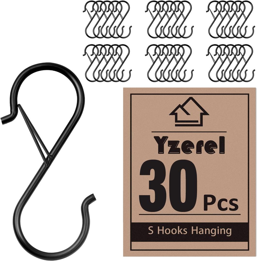 30pcs S Hook Hanging Safety Buckle - 3.5 inch Heavy Duty S Hooks,Hanging Plants for Closet Hooks, Clothes, Kitchen Utensil, Pots and Pans, Bags (Black)