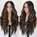 13x4 Lace Front Wig Dark Brown Highlight Ombre Blonde Pre Plucked Hairline with Baby Hairs Glueless Long Wavy Synthetic Wig Heat Resistant for Daily Wear and Parties 26 inch
