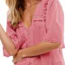 Womens Summer Boho Lace Half Sleeve Beach Tops Button Down V-Neck Chiffon Ruffle Trim Blouse Shirts Y2k Clothes (Large, Dark Pink)