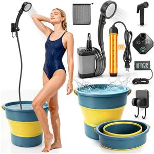2026 Upgraded Portable Shower with Heater, 6000mAh Rechargeable Camping Shower Pump with LED Display, 3 Spray Modes 5 Gal Foldable Bucket, Outdoor Shower for Hiking RV Travel Pet Bath Car Washing