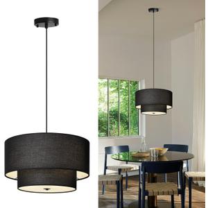 18" Drum Black Pendant Light, Large Modern Hanging Ceiling Chandelier Fixture with Dual Layer Linen Shade, Ideal for Dining Room, Living Room, Bedroom, and Kitchen