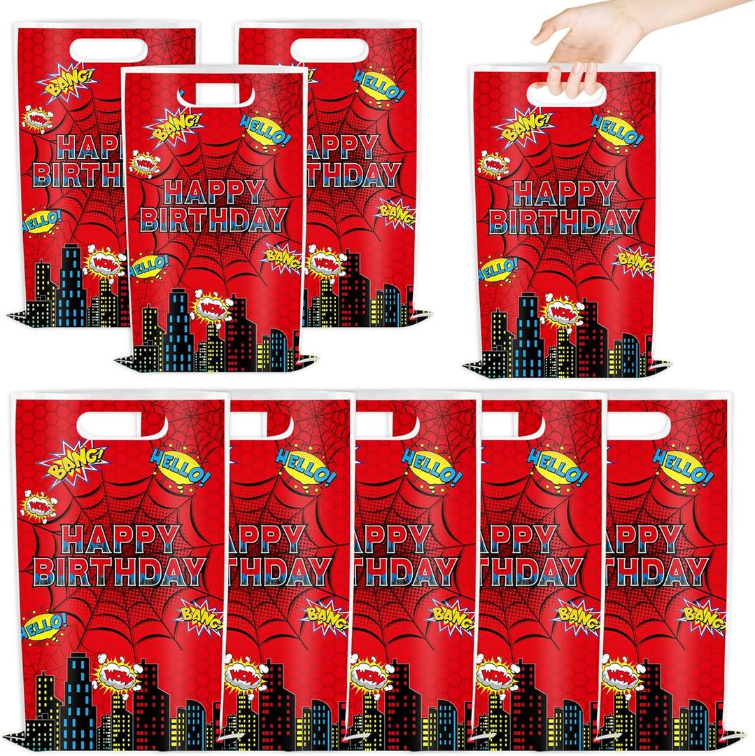3 x KMZFPYJ 50 Pcs Spider Party Favor Goodie Bags Decorations, Plastic Hero Gift Bags with Handles, Spider Candy Bag for Gifts Wrapping and Kids Birthday Party Supplies