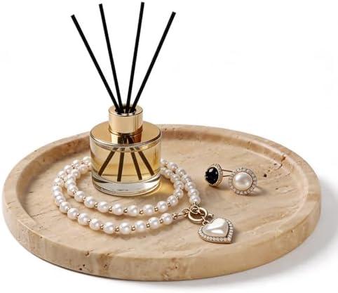 Woduelka Natural Round Marble Tray - 7.8" Travertine Marble Vanity Tray for Dresser, Bathroom, Decorative Jewelry Dish for Perfumes Rings Earrings Necklaces, Stone Tray for Home Décor, Beige
