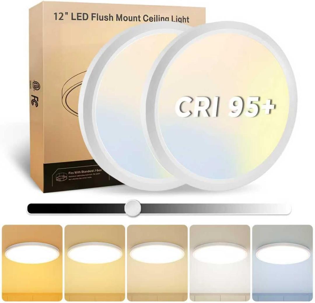 EOSMILE 2Pack 12 Inch LED Flush Mount Ceiling Light, 25W, 3000LM, CRI 95+, 2700K-5000K 5CCT & Dimmable, White Round Surface Flat Panel Light for Hallway, Kitchen, Bedroom, Laundry Room