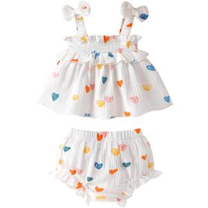 Infant Toddler Baby Girl Summer Cotton Clothes Strap Ruffle Smocked Top and Shorts 2Pcs Outfit Clothing Set