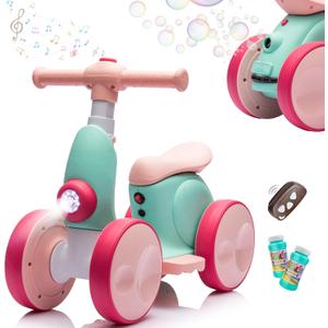 JoyRydz 6V Electric Baby Balance Bike with Bubble Machine,4 in 1 Toddler Balance Bike w/Remote for 1 Year Old Boys Girls Kids Bubble Bike Ride on Toys w/Powered Motor,Music,LED Lights (Green&Red)