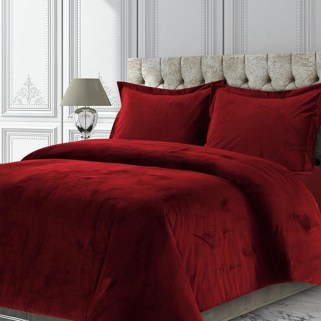 Tribeca Living Velvet Duvet Cover King Oversized 3 Piece Set with 2 Shams, 260-GSM Luxury Plush Velvet Duvet Cover with Microfiber Reverse in Venice Burgundy Color