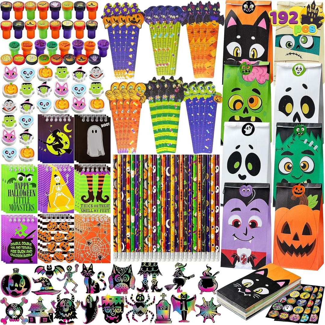 JOYIN 192PCS Halloween Stationery Set, Trick or Treat Gifts for Kids, 24 Pack Halloween Themed Stationery Set for Party Favors Carnival Game Prizes, Classroom School Party Supplies, Goodie Bag Fillers