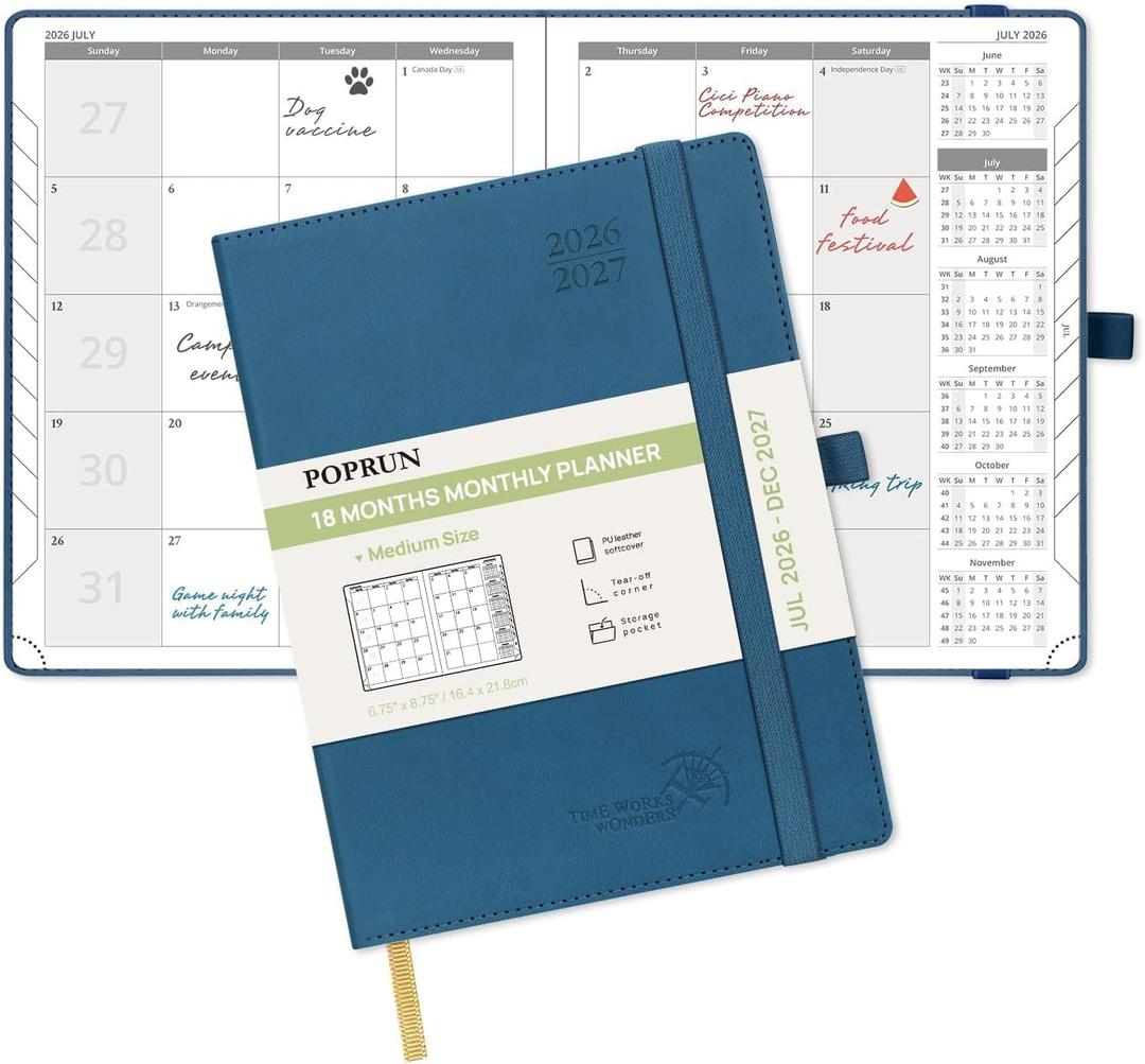 POPRUN Monthly Planner 2026-2027 (Medium- 6.5'' x 8.5'' Soft Cover), 18-Month Calendar Book (Jul.2026-Dec.2027), Calendar Planner with Monthly Tabs & Pocket, 100 GSM Paper - Night Sky Blue