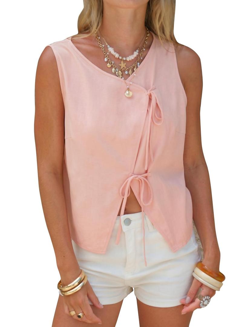 EXLURA Womens Linen Tank Tops Summer Trendy V Neck Vest Casual Tie Front Shirt Cute Spring Beach Vacation Outfits 2026 Pink (S)