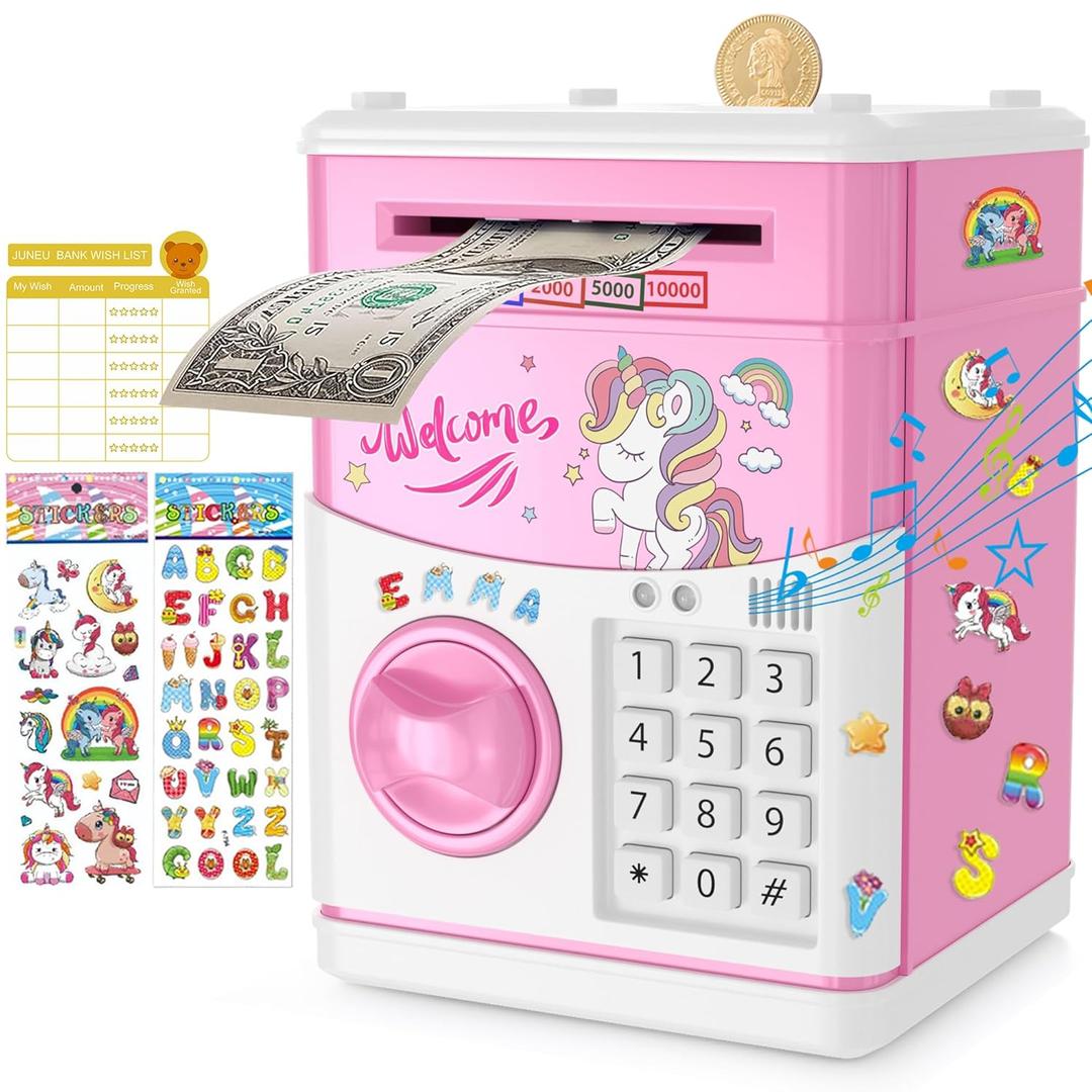 JUNEU Unicorn Piggy Bank for Kids, Gifts for 5 6 7 8 9 10 Year Old Girls, Kids Electronic Piggy Bank, Girls Birthday Gifts, Toys for Girl Boys, Kids Money Saving Bank
