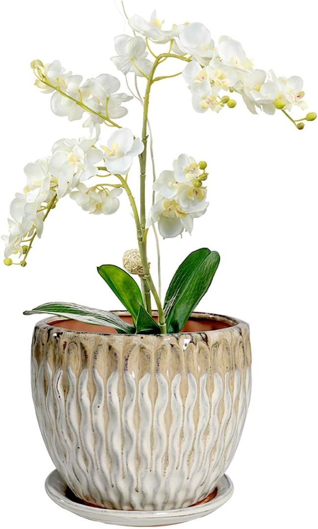 vensovo 7.5 Inch Ceramic Plant Pot with Drainage Holes and Saucer - Large Round Orchid Pot for Indoor Repotting, Ceramic Planter Maintain Air Circulation, Yellow (Yellow Over Cream)