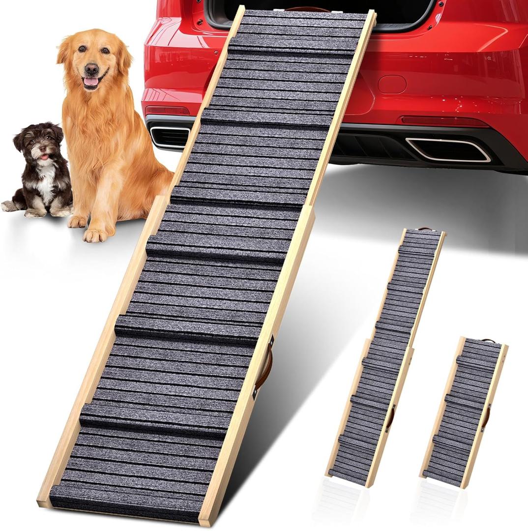 Dog Ramp for Car, 71''x 17'' Extra Long Deluxe Telescoping Design Wooden Pet Ramp, Pet Stair Ramps for Truck SUV with Non-Slip Surface, Portable Outdoor Dog Steps for Medium Large Dogs, Up to 200LBS