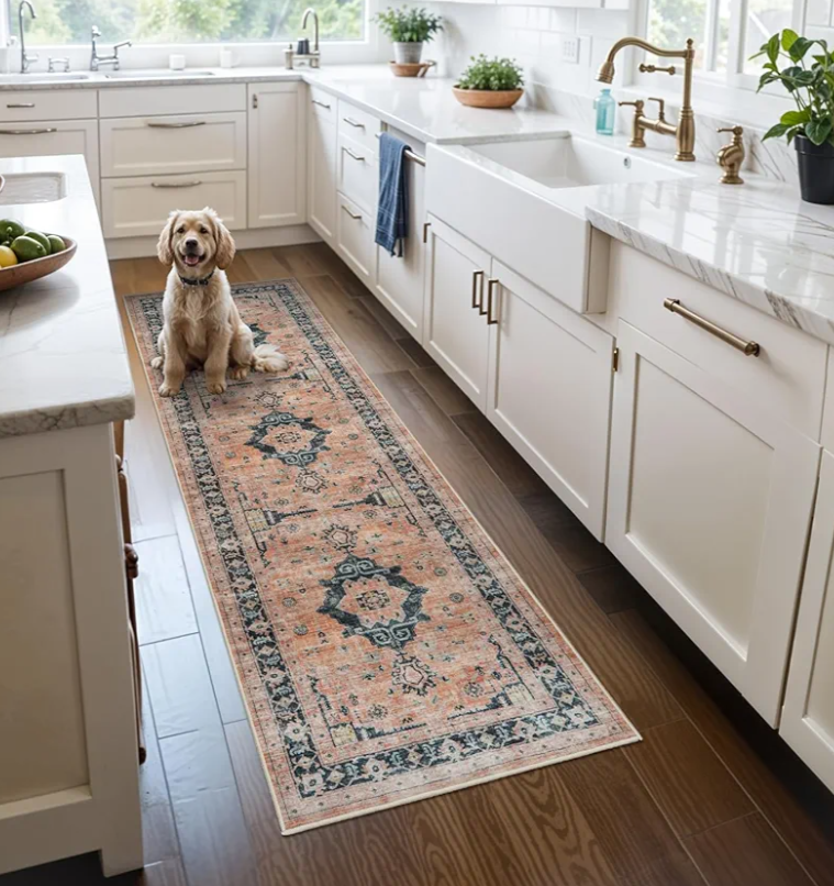 Washable 2x6 Hallway Runner Rug: Vintage Water Resistant Kitchen Entryway Rug Ultra Soft Living Room Bedroom Carpet Thin Non Slip Indoor Floor Mat for Bathroom Laundry (2 X 6,Orange) (2 Pack)