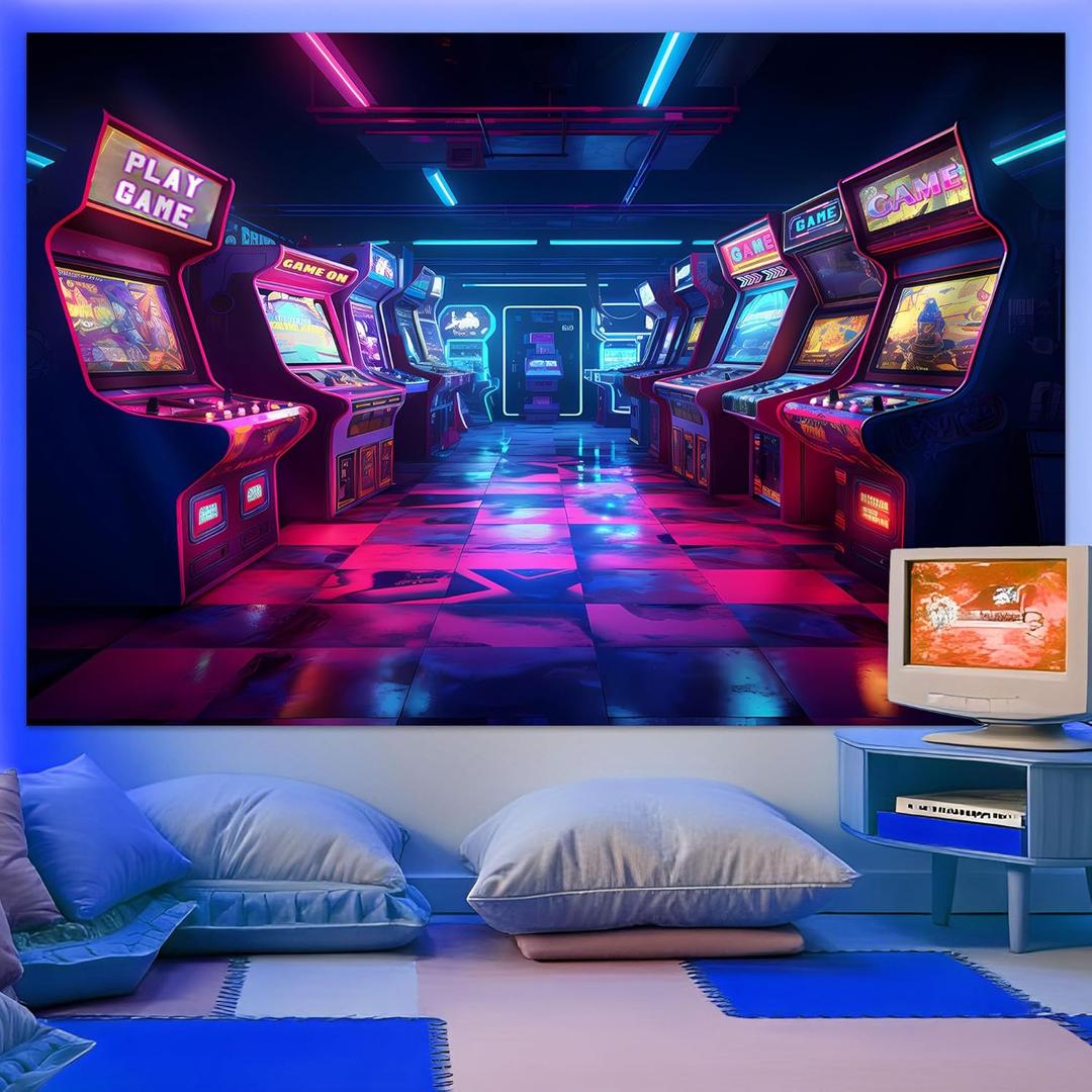 Arcade Photo Backdrop Gaming Wall Tapestry Video Game Night Photography Background Gamer Themed Birthday Party Decorations Banner for Teen Boys Game Room Decor, 7x5ft A