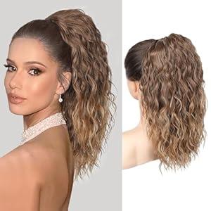 SEIKEA Ponytail Extension, 18" Short Wavy Drawstring Ponytail Multi Layered Fake Pony tails Hair Extensions Clip in Hair Extensions Ponytail Brown to Blonde