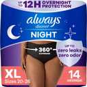 Always Discreet Adult Incontinence Overnight Underwear for Women, Extra Large, Up to 100% Bladder Leak Protection, 14 Count