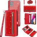 Asuwish Phone Case for Moto G Stylus 5G 2021 Zipper Wallet Cell Cover with Tempered Glass Screen Protector Strap Bling Glitter Flip Card Holder Slot Motorola GStylus G5 XT2131DL Women Men Girls Red