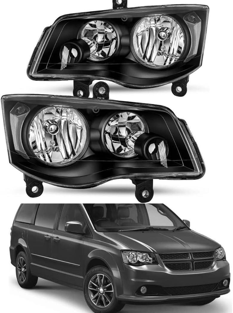 Headlights Compatible With 2008-2016 Chrysler Town & Country, 2011-2020 Dodge Grand Caravan (Black Housing Clear Reflector)